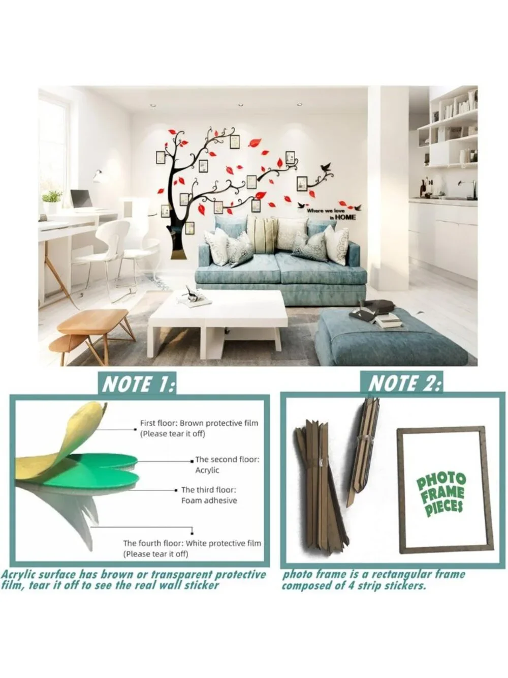 3D Tree Wall Decals - DIY Family Photo Frame Stickers for Living Room & Bedroom